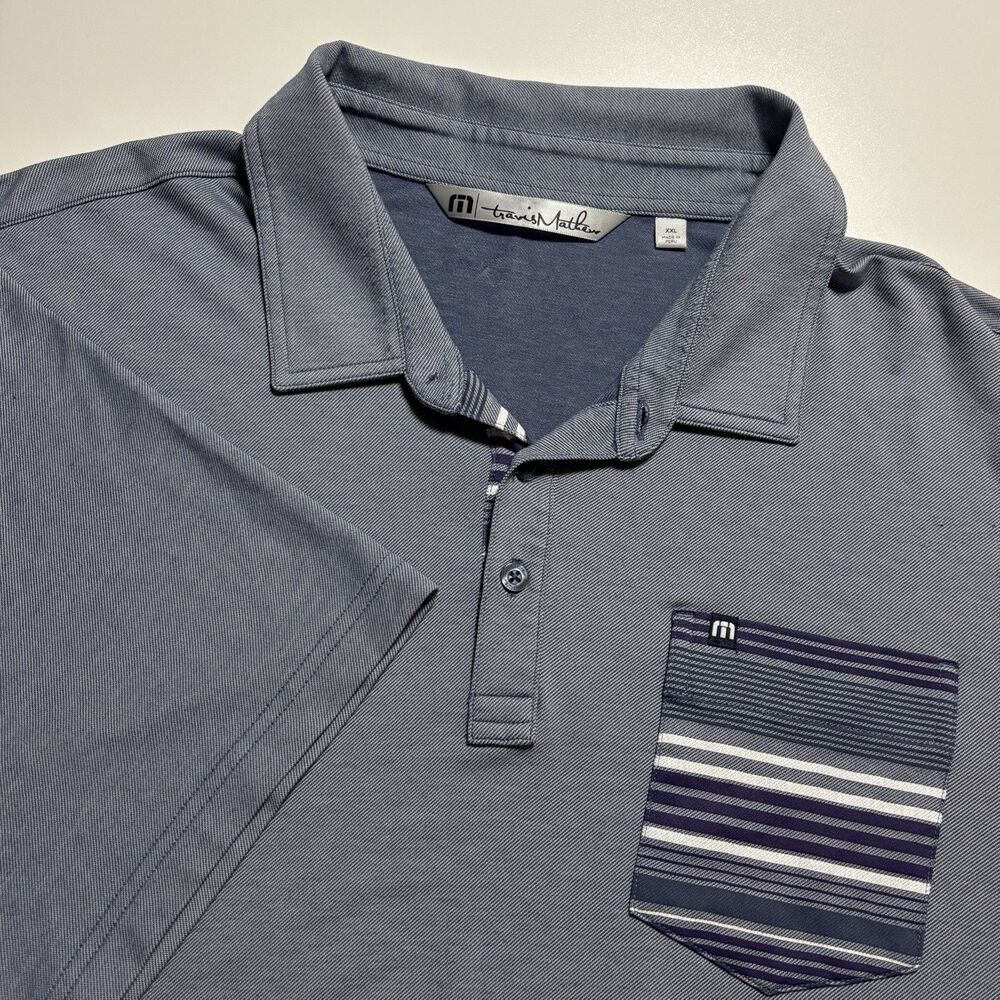 Travis Mathew Polo Golf Shirt Men's XXL Gray Stripped Pocket Short‎ Sleeve Shirt